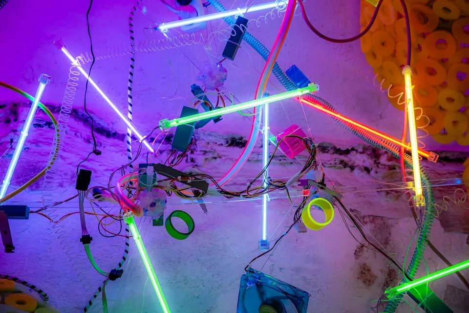 A dense cluster of neon tubes and cabling forming an abstract light installation